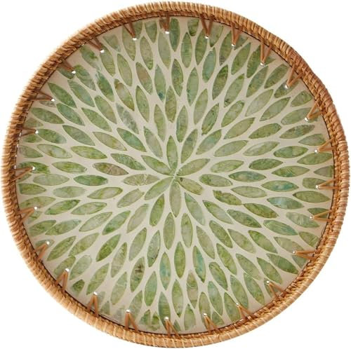 Round Rattan Tray Decorative Tray | Natural Wicker Woven Storage Display | Coffee Bread Fruit Home Kitchen Table | Housewife/Coffee Shop/B&B Applicable (Leaf)