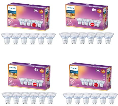 Philips Vorteilspack – GU10 – WarmGlow LED-Spotlampe – 50 W – Dimmbar – Warmweißes Licht – Set mit 24 Stück