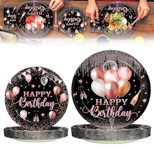 THXFUNAREA Lot de 32 assiettes en carton « Happy Birthday » - Noir et Rose - 7 pouces +9 pouces - Pour fête d'anniversaire - Pour pique-nique, remise de diplôme
