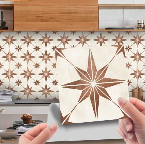 Fliesenaufkleber 30 Stück Wasserfeste Fliesenfolie Vinyl für Küche und Bad Mandala Achteckige Sterne Geeignet für Badezimmer, Küche, Wandtreppenfliesenaufkleber (Braune Blüte 10cm)