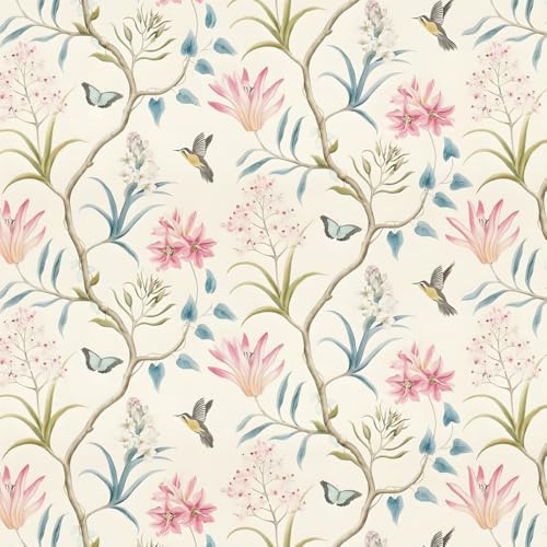HaoCaihwhui Vintage Floral Peel and Stick Wallpaper, Pink and Green Botanical, Self-Adhesive Removable, Thickened Material, for Home, Living Room, Bedroom, 17.3x118 Inches