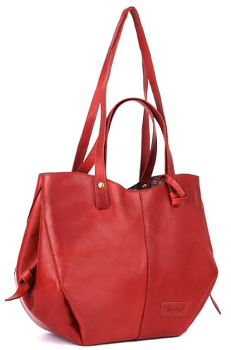 Benthill Handtasche Damen Leder | Shopper aus weichem hochwertigem Echtleder | Umhängetasche Vintage Fashion Bag Beutel | Schultertasche, Farbe:Rot