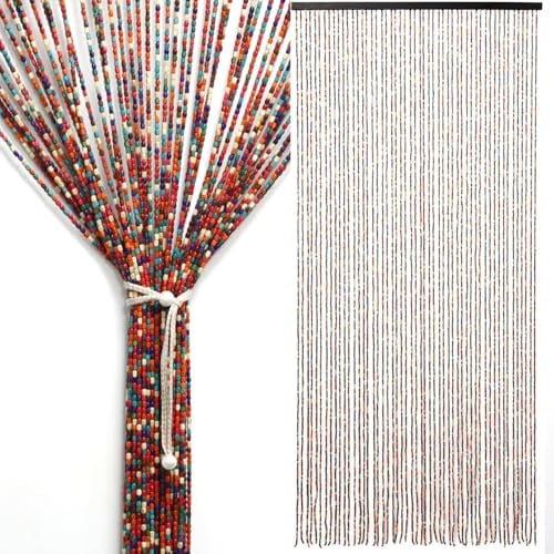 CeyKvo Perlen-Türvorhang, 90 x 190 cm, Türvorhang, Balkontür-Dekoration, 52 Stränge, böhmischer Stil, Bambusvorhang, handgefertigte Holzperlen für Fenster/Zimmer, Regenbogenfarben