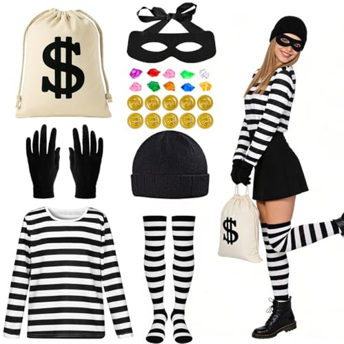 GTJEOI Bankräuber Kostüm Damen, Räuber Kostüm Damen mit T-Shirt, Augenmaske, Geldbeutel, Goldmünze, Handschuhen, Socken, Dieb Kostü-ms, Einbrecher Kostü-ms für Karneval Halloween Cosplay