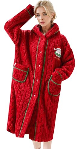 WAZHAKU Albornoz para mujer, mullido, largo, de Navidad, de invierno, de forro polar, para mujer, acogedor, cálido, de felpa, elegante, bata de baño mullida, bata de baño para mujer
