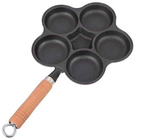 PAMINGONO Gusseisen Eierpfanne mit 5 Löchern 5 Fach Spiegelei Pfanne mit Holzgriff Anti Heiß Griff Hamburger Form für Herd Induktion Küchenbratpfanne für Schnelles Kochen