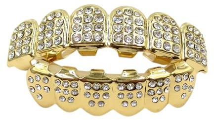 Karneval Festival Zahnschmuck – Gold platinierte Zahn-Grills verstellbar, für Hip Hop Party, Bühne & Kostüm, dekorativer Mundschmuck aus hautverträglichem Material