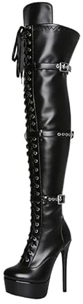 Veelau Meieer Plateau Stiletto Stiefel für Damen Overknee Schnürstiefel mit Riemen Schnallen und Reißverschluss