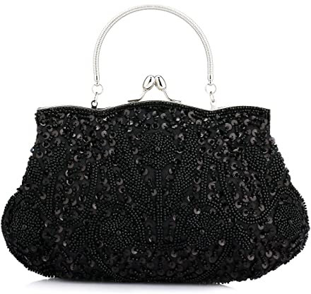Collection Antique Floral Seed Bead Sequin Soft Clutch Evening Bag Designer Purse Large Clutch Handbag (Black)(Size: One Size)