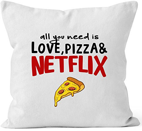 MoonWorks Kissen-Bezug All You Need is Love, Pizza and Netflix Kissen-Hülle Deko-Kissen Baumwolle weiß Unisize