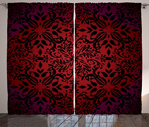ABAKUHAUS rot schwarz Rustikaler Gardine, Orient Blumen Blätter, Schlafzimmer Kräuselband Vorhang mit Schlaufen und Haken, 280 x 225 cm, Schwarz Bordeauxrot