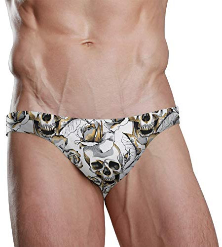 ZZKKO Men Swim Brief Bikini Gold Skull And Rose Flower Beach Bikini for Men Swim Underwear 2XL