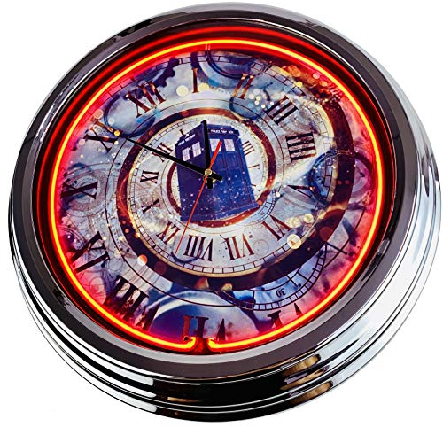 US-Way.de Dr.Who Tardis1 – 44 cm Durchmesser, Deko-Wanduhr ohne Tickgeräusche und gut lesbares Display, USA 50er-Jahre-Stil Neon-Uhr für Küche, Büro (Orange)
