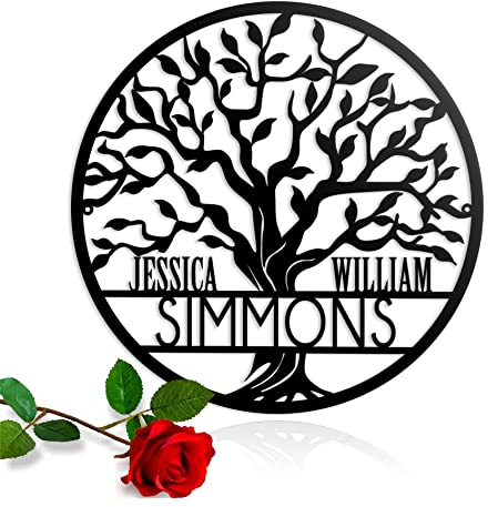 FranJohnsonHouse Personalisierter Baum des Lebens Metall Zeichen Familiennamen Wand-Deko Holz Wanddekoration Lebensbaum Geburtstag oder eine Hochzeit GeschenkeKunst Dekor Individuelles (Design 1)