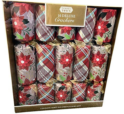 Tinsel Town 10 Family Christmas Crackers Deluxe Gifts Party Hat Joke 10 x 14” Tartan & Poinsettia Luxury Crackers