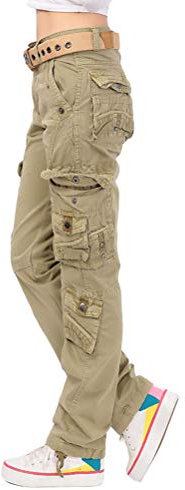 Tomwell Femme Mode Cargo Pantalon Casual Vintage Multi Poche Baggy Straight Slim Pantalon Taille Haute Streetwear Trousers Kaki X-Small