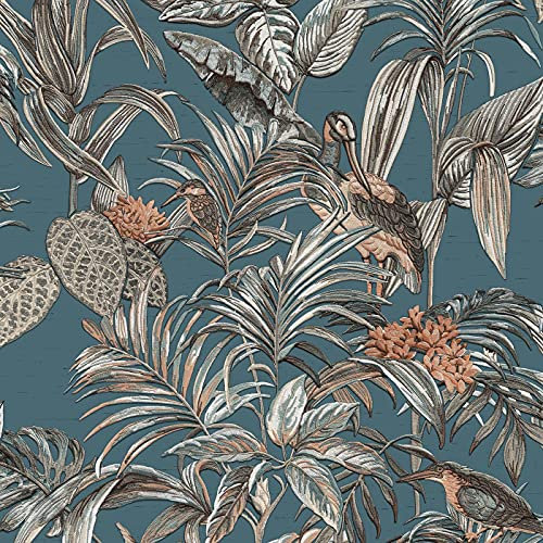 Teal Tropical Wallpaper Birds Palm Textured Blue Cream Paste The Wall Vinyl