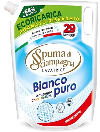 Spuma di Sciampagna - Ecoricarica Detersivo Lavatrice Bianco Puro, Formula Igienizzante Concentrata con Azione Antigrigio Colori Brillanti, 84% di Ingredienti Biodegradabili - 1305 ml, 29 Lavaggi