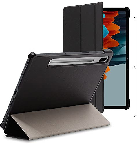 ebestStar - Funda para Samsung Galaxy Tab S7 SM-T870, Carcasa Capa, Slim Case Protectora, Tapa Magnetica Cuero PU, Negro + Cristal Templado