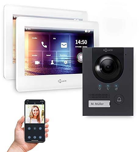 GOLIATH Full-HD Video Türsprechanlage, Unterputz Türstation in Anthrazit, 1 Familienhaus Set, 2X Touchscreen Monitor weiß, 2 Draht Bus Gegensprechanlage, 2MP Kamera, 180° Weitwinkel, AV-BUS-120