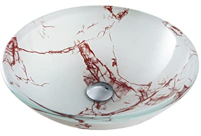 Ksunun Waschbecken Marmor Textur Design Gehärtetes Glas Aufsatzwaschbecken Runden Handwaschbecken mit Messing Ablaufgarnitur und Montagering, Aufsatz Waschschale für Bad, 420 x 420 x 145 mm,Rot