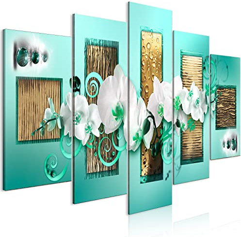 murando - Bilder Abstrakt 200x100 cm Vlies Leinwandbild 5 tlg Kunstdruck modern Wandbilder XXL Wanddekoration Design Wand Bild Blumen Orchidee Ornament türkis a-A-10036-b-a