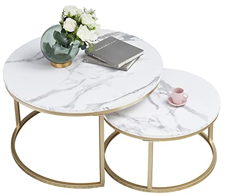 Marmor Couchtisch Gold, Couchtisch 2er Set mit 1 Großer Couchtische Rund und 1 Kleiner Tisch, Beistelltisch Weiss aus Metallgestell Wohnzimmertisch Modern
