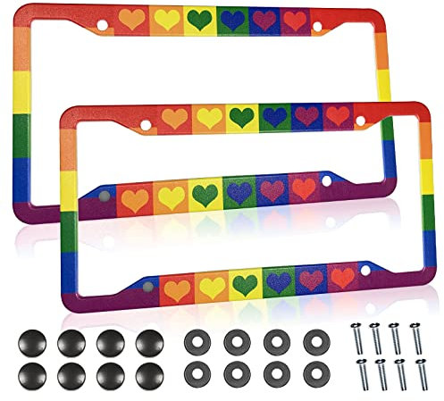 Gay Pride Nummernschildrahmen, LGBT, Regenbogen-Herz, Nummernschildhalter, Aluminium, buntes Design, 4 Löcher, Auto-Dekoration, 2 Stück