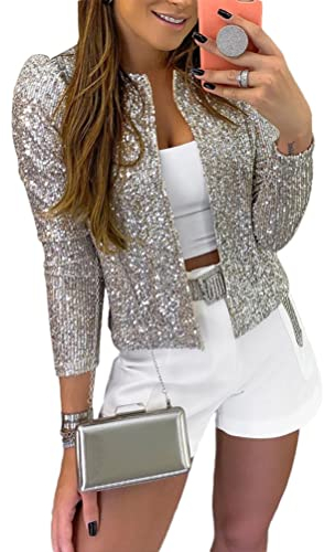 Onsoyours Damen Glänzend Pailletten Jacke Cardigan Langarm Bolero Tops Kurz Oberteile Eleganter Blazer Glitzer Party Outfits Clubwear Silber XS