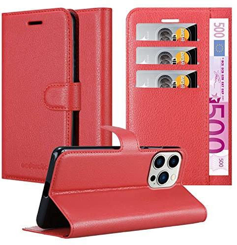 Cadorabo Hülle kompatibel mit Apple iPhone 14 PRO Handyhülle aus Premium Kunst Leder Flip Klappbare Stoßfeste Magnetische [Standfunktion] [Kartenfächern] Cover Hülle für iPhone 14 PRO Tasche in Rot