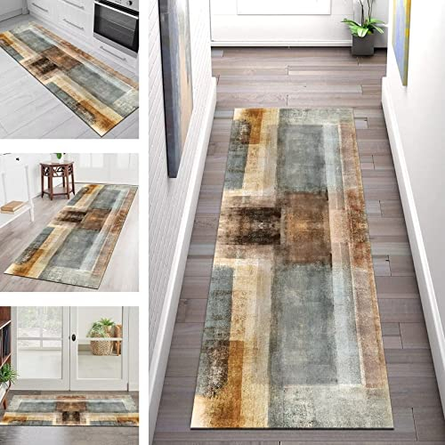 Teppichmatte Korridor Teppich Flur Läufer Braun Grün Küche rutschfest Teppichläufer 80X400CM Küchenläufer Waschbar Anti-Rutsch, Tepiche für Wohnzimmer Schlafzimmer Esszimmer Küchenteppich Meterware