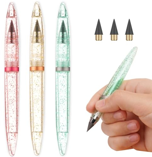 OFFCUP Bleistift Ohne Anspitze, 3 Stück Everlasting Bleistift, mit 3 Stück WechselkopfmEwiger, Unendlicher Bleistifte mit Edler Optik, Klares und flüssiges Schreiben(Rot, Grün, Gold)