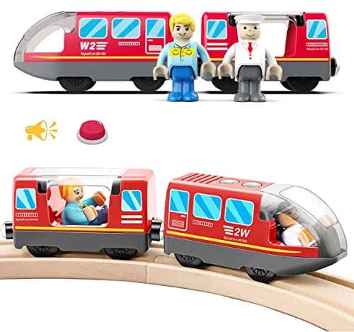 LiRiQi Eisenbahn elektrische lok Holzeisenbahn Zug, Batteriebetriebener Lokomotivzug, Leistungsstarker Motorzug kompatibel mit Thomas, Brio, Spielzeug für Kinder Kleinkind Junge, Rot