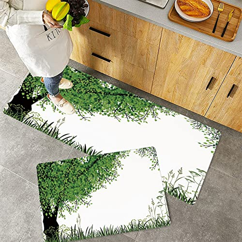 Küchenteppich Teppich Läufer Küchenläufer 2 Stück rutschfest,Natur, Baum Gras im Park Kräuter Sommersaison Öko Umwelt Mutter Erde Bild Dekorativ, Farn , Waschbar für Flur Küche 40 x 100 cm+40 x 60 cm