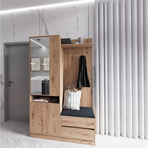 Marmex Arti Garderobe mit Spiegel, mit bequemer Sitzplatz, mit Zwei Schubladen, Spiegelschränke,Paneel mit Kleiderbügeln und Schubladen