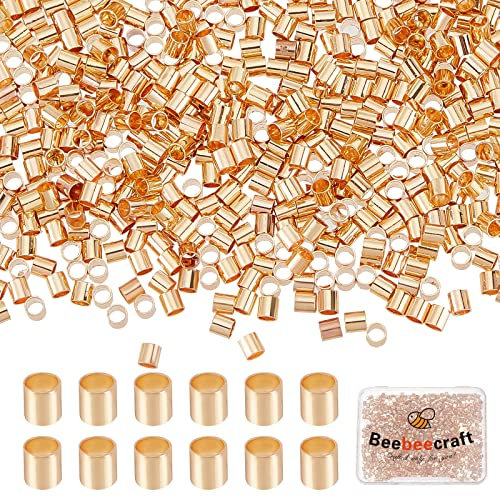 Beebeecraft 1 Box 1000Pcs 2mm/0.08in Crimp Tube Beads 18K Gold Plated Crimp Beads for Jewellery Making Spacers Cord End Caps for DIY Bracelets Making Accessories