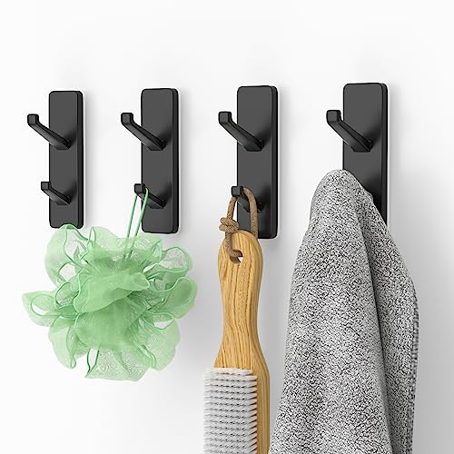 susswiff Wall Hooks Stick On for Hanging Coats - Strong Sticky Hooks, Heavy Duty (Hold 6KG), Self Adhesive Hook for Towel, Coats, Key, for Bathroom, Door, Kitchen, Black, Metal, 4 Pack