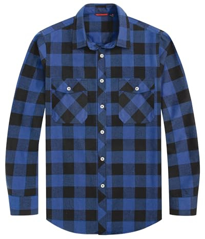J.VER Flannel Shirt Men Cotton Checked Long Sleeve Lumberjack Plaid Shirt | Soft Comfortable Warm, Check Chequered, Regular Fit, Ideal for Winter Work, Casual Daily Wear, Button Down Shirt with Pocket