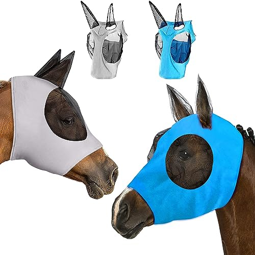 Fliegenmaske Pferd 2 Stück Fliegenmaske Mit Ohrenschutz Elastische Bremsenmaske UV-Schutz Fliegenmaske Pony Fliegenmaske Horse Für Pferde Atmungsaktive Feine Mesh (Grau, Blau)