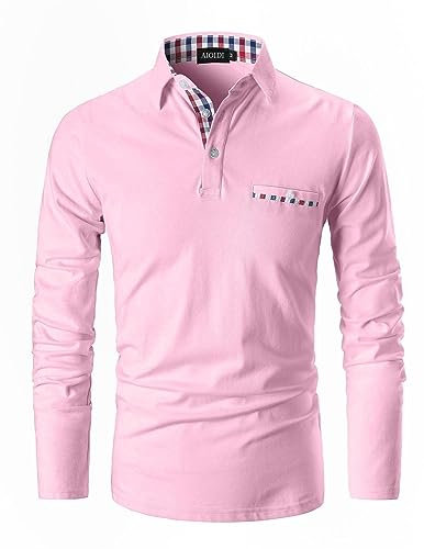 AIOIDI Manches Longues Polo pour Hommes Lattice Collar Regular Fit T Shirt Hauts Rose M