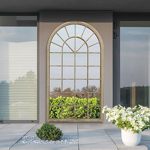 MirrorOutlet The Somerley - Sand Framed Modern Full Length Arched Garden Wall Leaner Mirror 71 X 40 (180CM X 103CM) Silver Mirror Glass with Black All weather Backing.