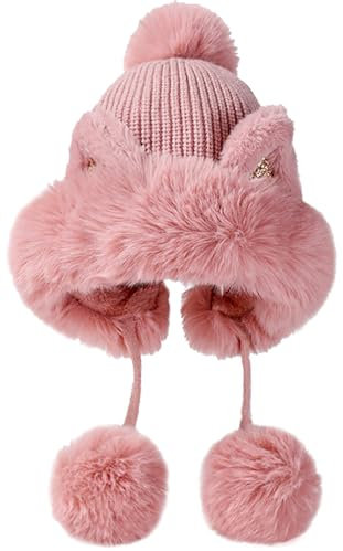 Malaxlx Damen Wintermütze Rosa Katzenohren Peruanische Mütze Strickmütze Warme Winter Beanie Mütze Fellmütze Pelzmütze Bommelmütze Plüsch Ohrenklappe Mütze