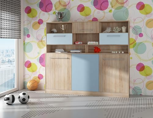 Domando Schrankbett Vercelli Modern Breite 212cm, ausklappbare Liegefläche, Platzwunder, schöne Farbkombination, mit Regal in Sonoma Eiche und Blau