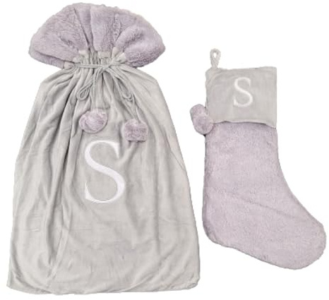 Celebright Matching Christmas Sack and Stocking Set with Embroidered Letter 'S' - Festive Holiday Décor for a Memorable Celebration - Faux Fur - Grey