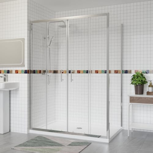 Aquariss 1400x800mm Sliding Shower Enclosure with Side Panel Chrome | Double Sliding Door, Aluminum Profile, 6mm Tempered Glass, Easy Clean, Stainless Steel Handle, Wall Adjustable, Reversible