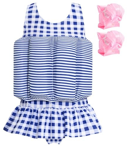 Summshall Costume da bagno intero per bambine con galleggiamento Costume da bagno intero per bambini Gilet da bagno Costume da bagno galleggiante, Blu e bianco., 1-2 Anni