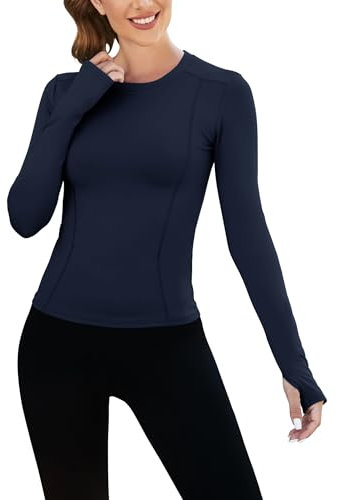 IECCP Damen Workout Shirt langärmelig für Yoga Sport Laufen Workout Top mit Daumenlöchern Basisschichtoberteil Workout T-Shirt Dark Blau XL