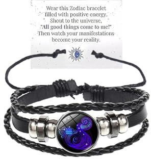 bike8 Zodiac Signs Spirit Bracelet Multilayer Adjustable 12 Constellation Black Leather Bracelet Handmade Woven Zodiac Sign Wrap Bracelet Birthday Jewelry Gifts for Women Men, Adjustable, no gemstone