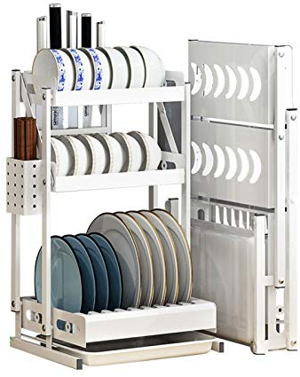 Escurridor De Platos Plegable De Pared, Rejilla De Secado De Cocina De Encimera De Tres Capas, Instalación Perforada, con Bandeja De Goteo/Jaula para Palillos, 56,5 × 28,5 × 33,5 Cm (Tamaño