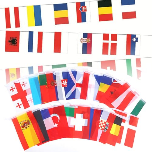 May Huang 2 Pcs EM Fahnen Wimpelkette für Euro Fußball 2024, 24 Länder Doppelseitige Stoff-Wimpelkette, Wimpelkette Flaggen, Alle 24 Mannschaften Flaggen Wimpel für Haus, Garten, Bar, Party (14*21CM)